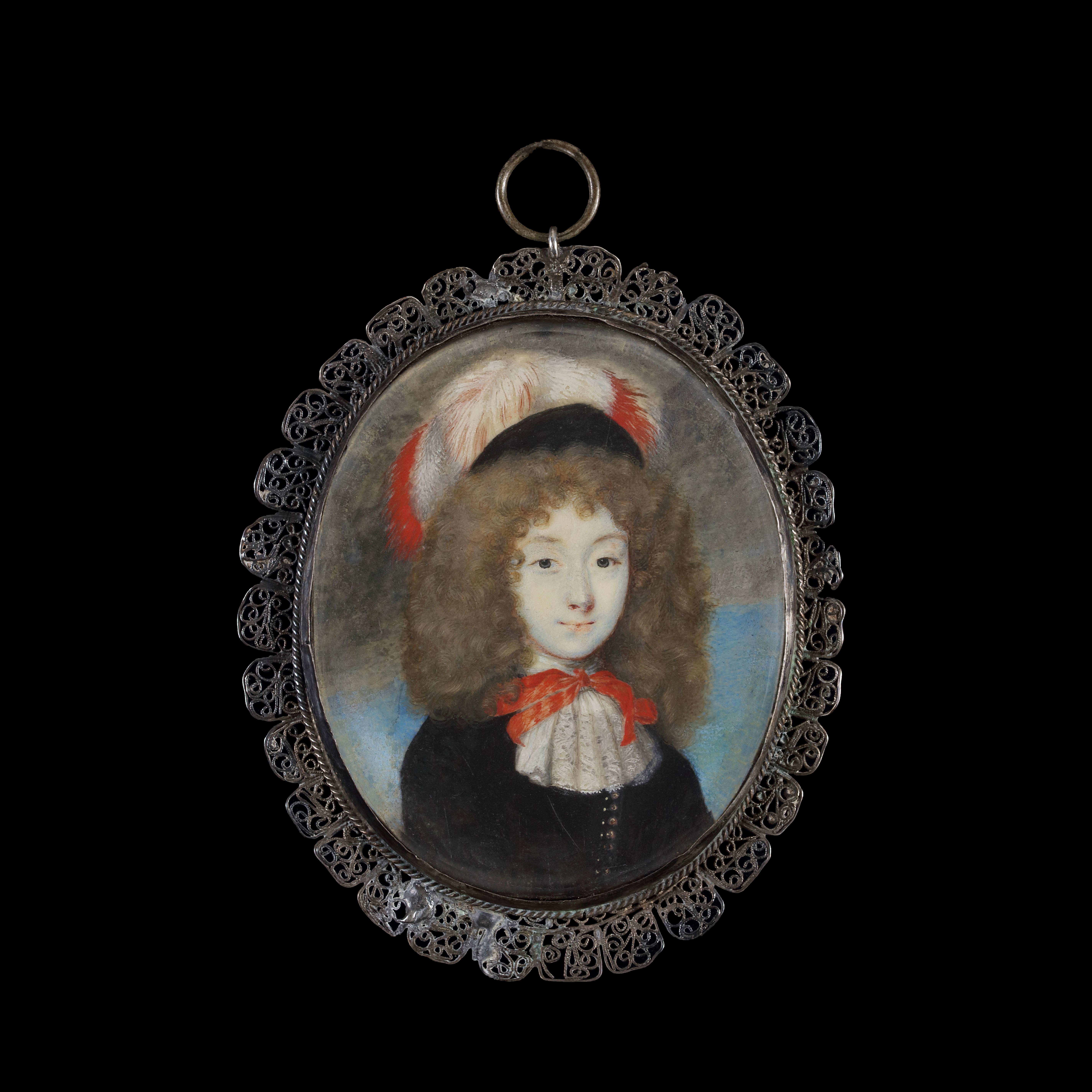 Probably Charles Lennox, first duke of Richmond, first duke of Lennox, and duke of Aubigny in the French nobility (1672–1723), wearing black gown/doublet with lace cravat and red ribbon, black hat with red and white feathers